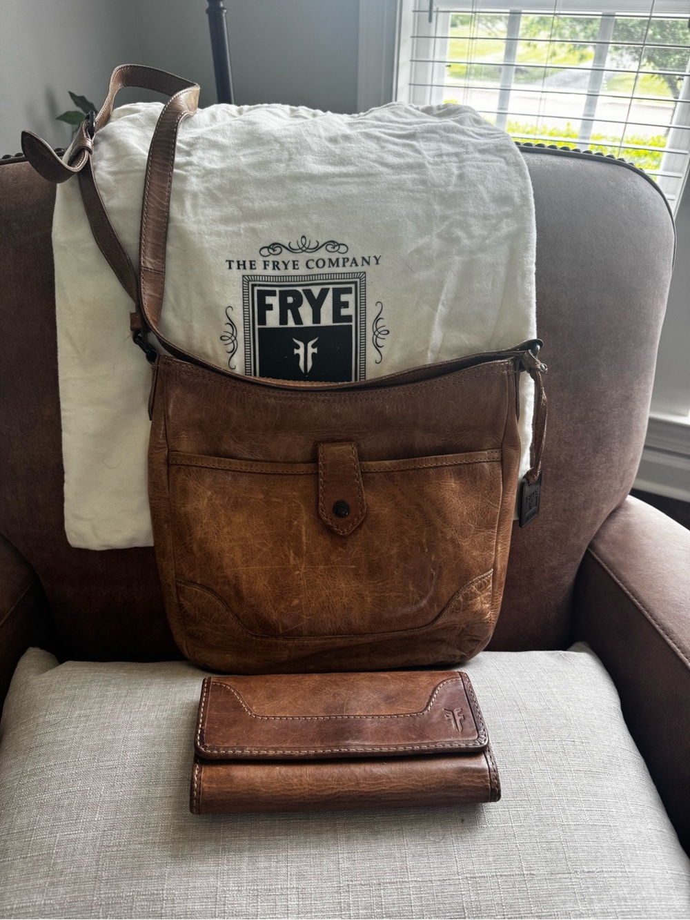 Frye Melissa Leather Crossbody Bag and Matching Wallet Set Cognac